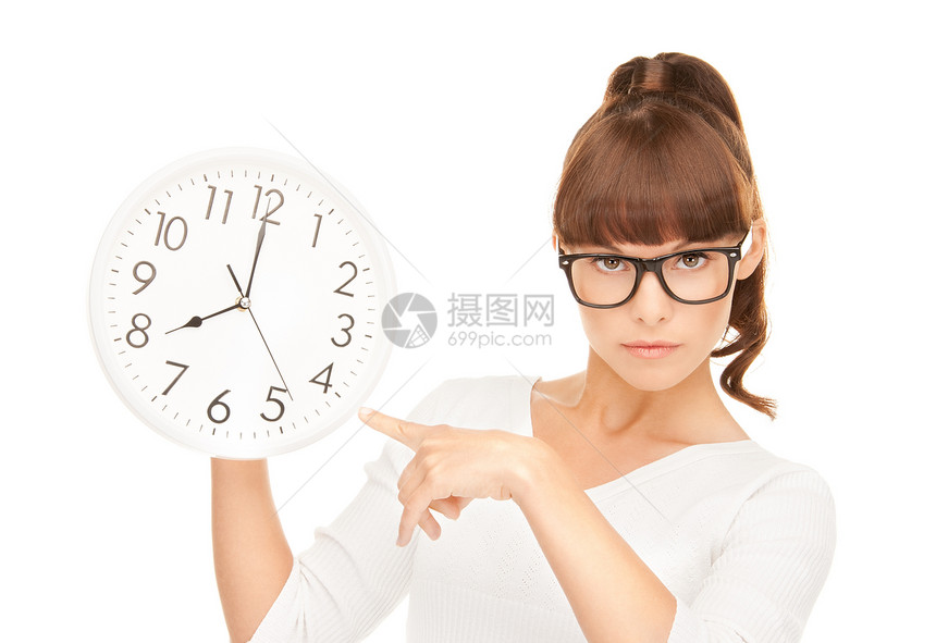 妇女大钟时间工作女孩日程人士眼镜唤醒老师女性商业图片