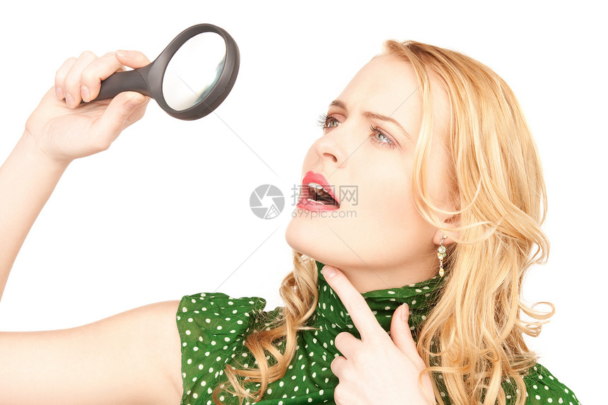 女用放大镜玻璃工具白色女孩检查侦探光学女性乐器监视图片