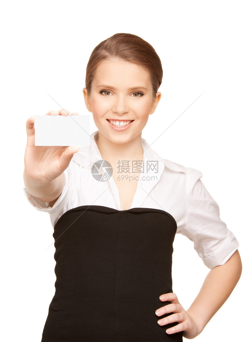 拥有名片的妇女学生商业微笑女性广告空白快乐白色女孩商务图片