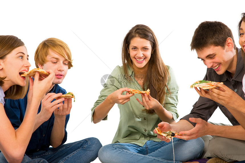 青少年吃比萨饼女孩们友谊食物朋友们拉丁团体四个人男孩们图片