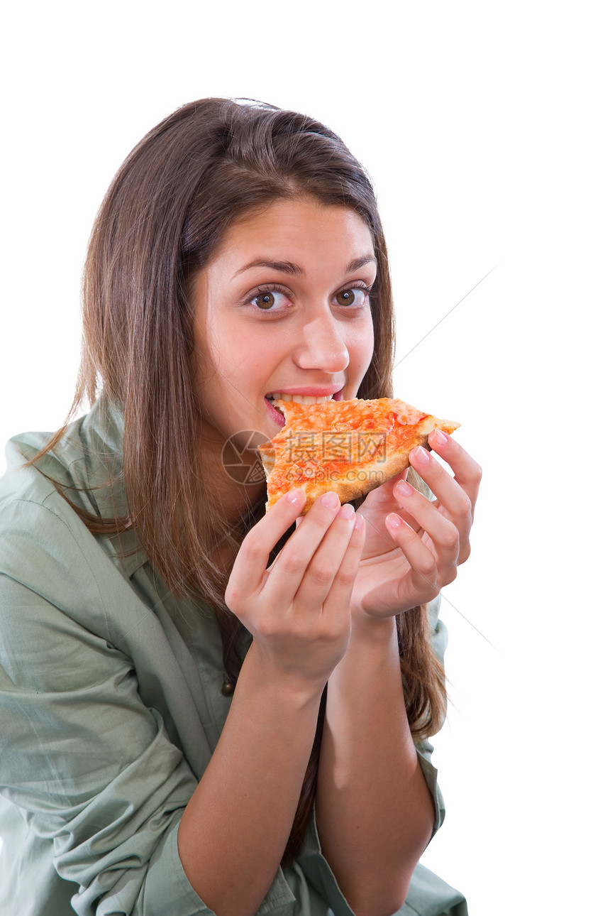女孩吃比萨饼食物青少年长发拉丁黑发图片