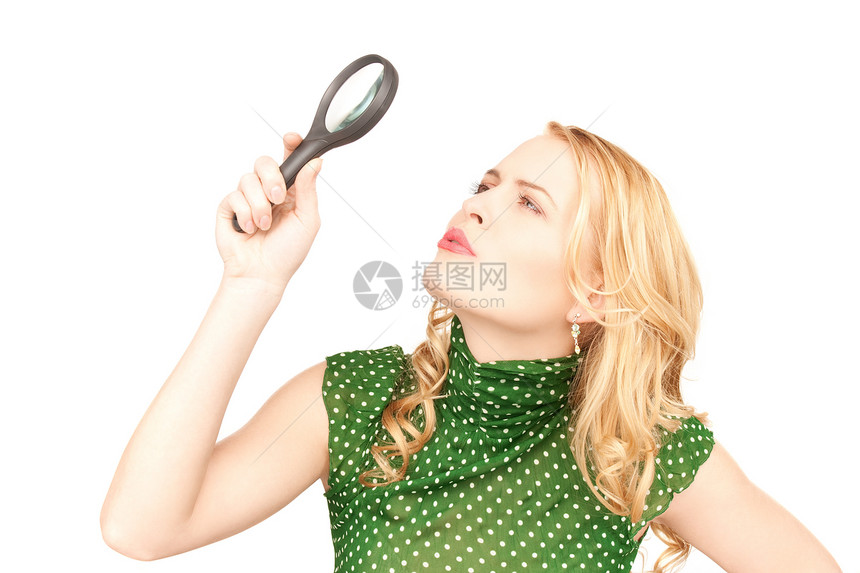 女用放大镜学习女性金发检查侦探光学监视女孩工具女郎图片