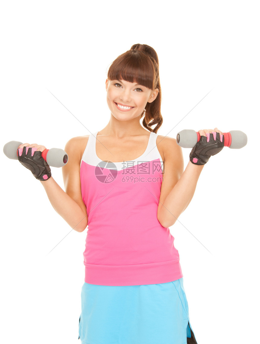 配有哑铃的健身教练女孩运动员力量健身房权重身体女性减肥训练福利图片