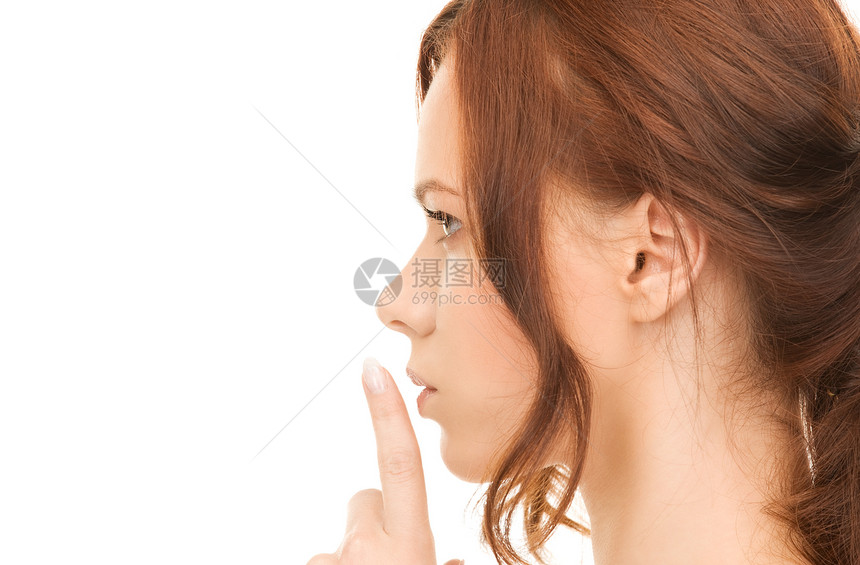 嘴唇上的手指女性警告秘密手势黑发成人商务生意人阴谋女孩图片