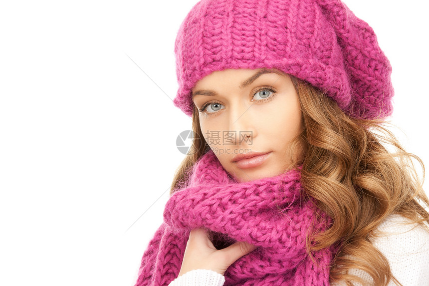 戴冬帽的美女季节幸福福利羊毛围巾棉被皮肤女性头发成人图片