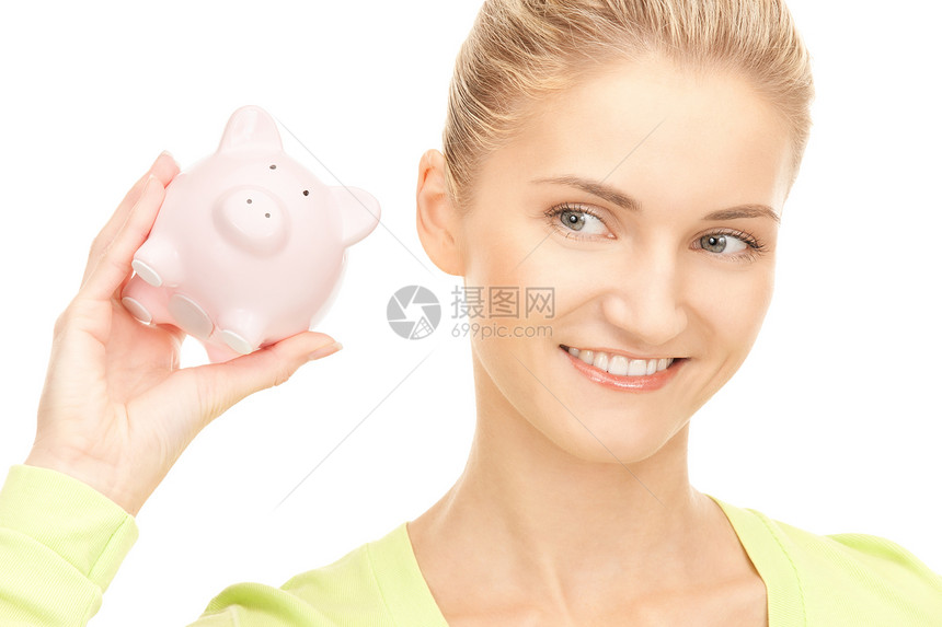 拥有小猪银行的妇女成人财政幸福女孩小猪经济快乐微笑人士女郎图片