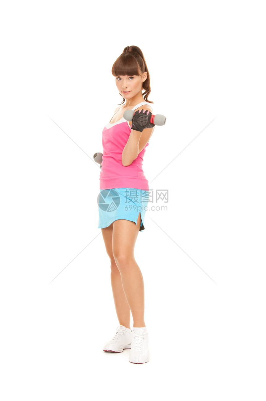 配有哑铃的健身教练活力运动员女性力量身体训练讲师黑发运动福利图片