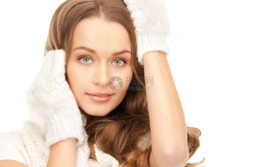 穿白手套的美女皮肤围巾头发女性羊毛季节福利衣服棉被成人图片