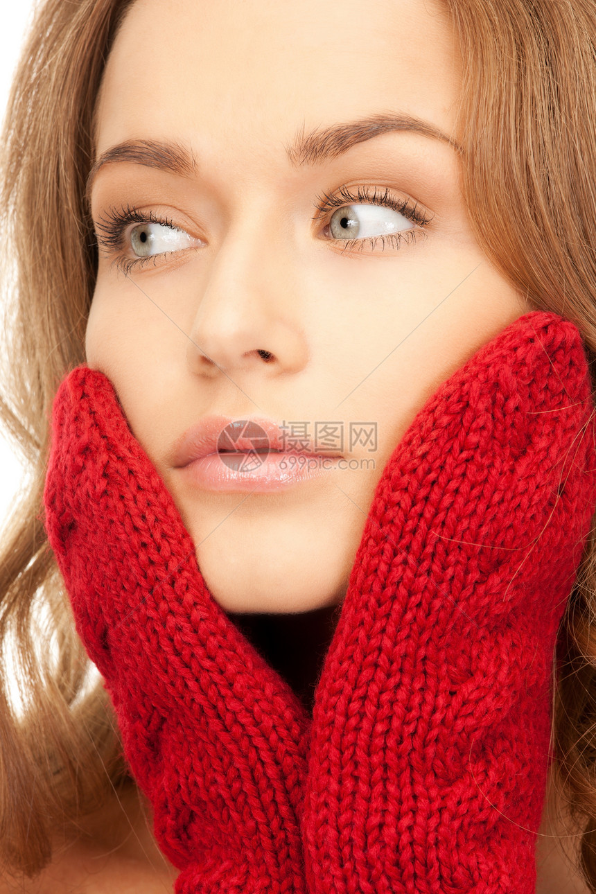 穿红色手套的美丽女子皮肤衣服容貌福利头发女孩羊毛成人幸福女性图片