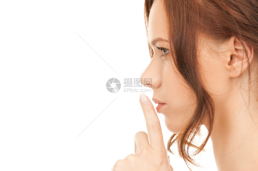 嘴唇上的手指手势人士生意人女孩商务成人警告黑发阴谋女性图片