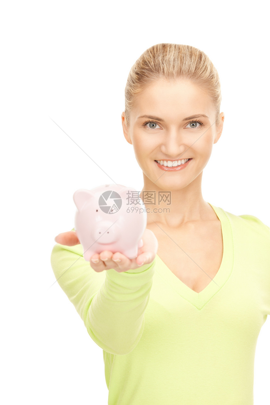 拥有小猪银行的妇女投资快乐金融财政女郎银行微笑金发商务女孩图片