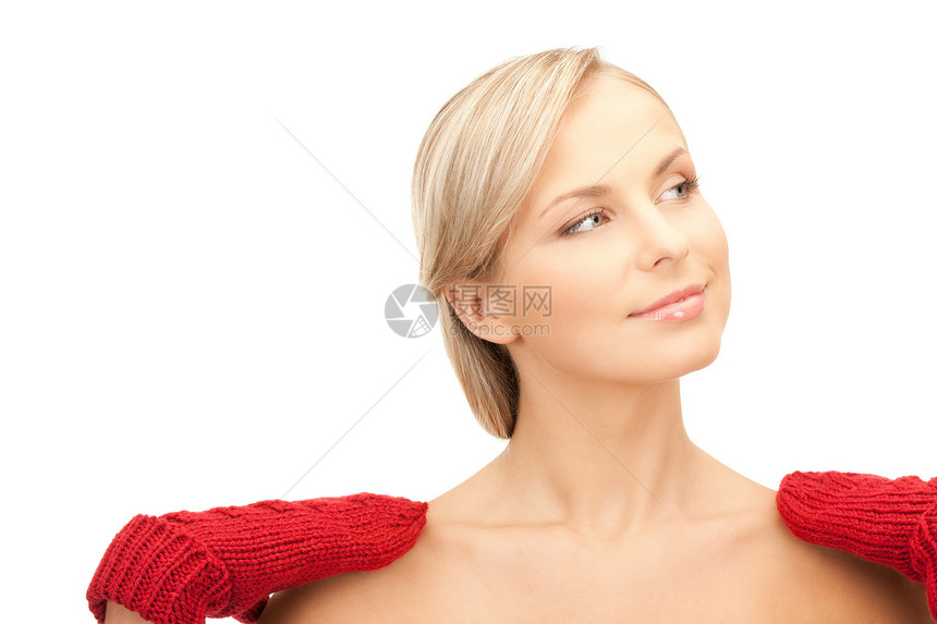 穿红色手套的美丽女子羊毛季节福利皮肤女性容貌护理女孩幸福衣服图片