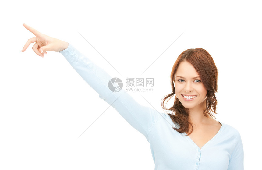 女商务人士指着她的手指人士警报学生快乐女孩公告手势黑发指责商业图片