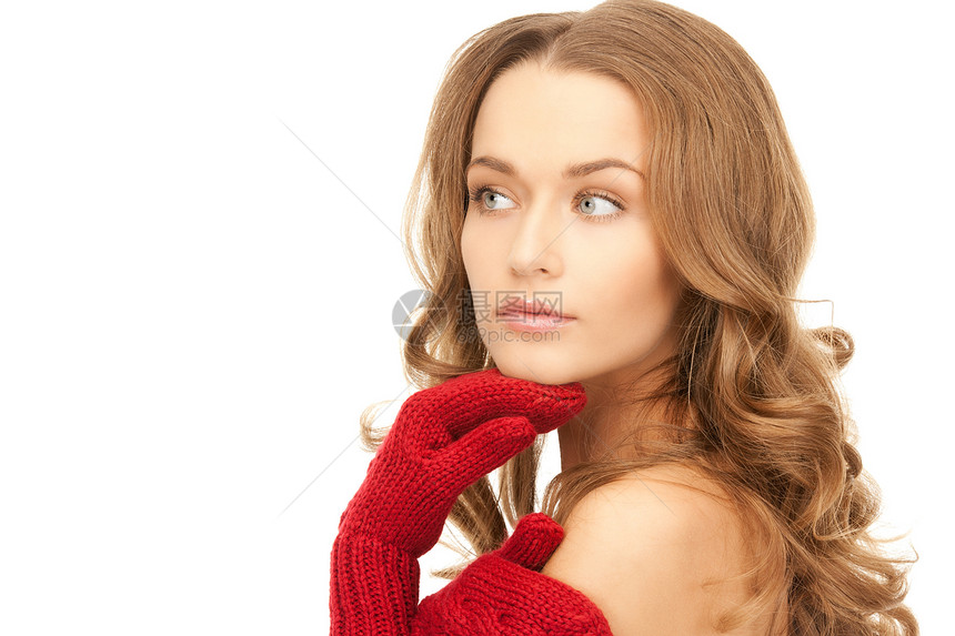 穿红色手套的美丽女子头发成人女性皮肤羊毛季节护理女孩衣服容貌图片