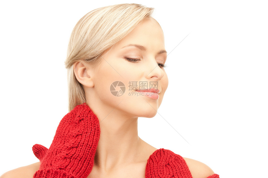 穿红色手套的美丽女子皮肤成人衣服女性季节护理羊毛容貌幸福福利图片