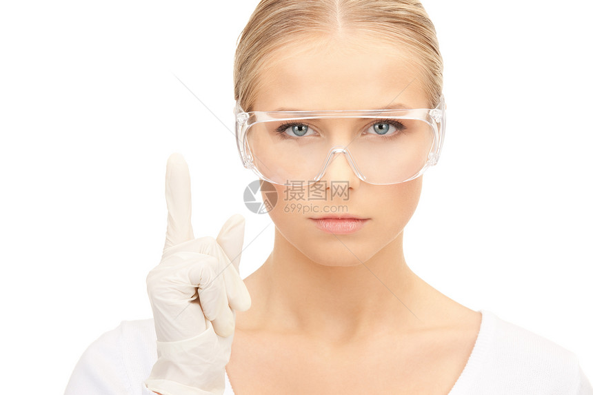 戴防护眼镜和手套的妇女研究化学家卫生成人药品专家研究员女性保健科学家图片