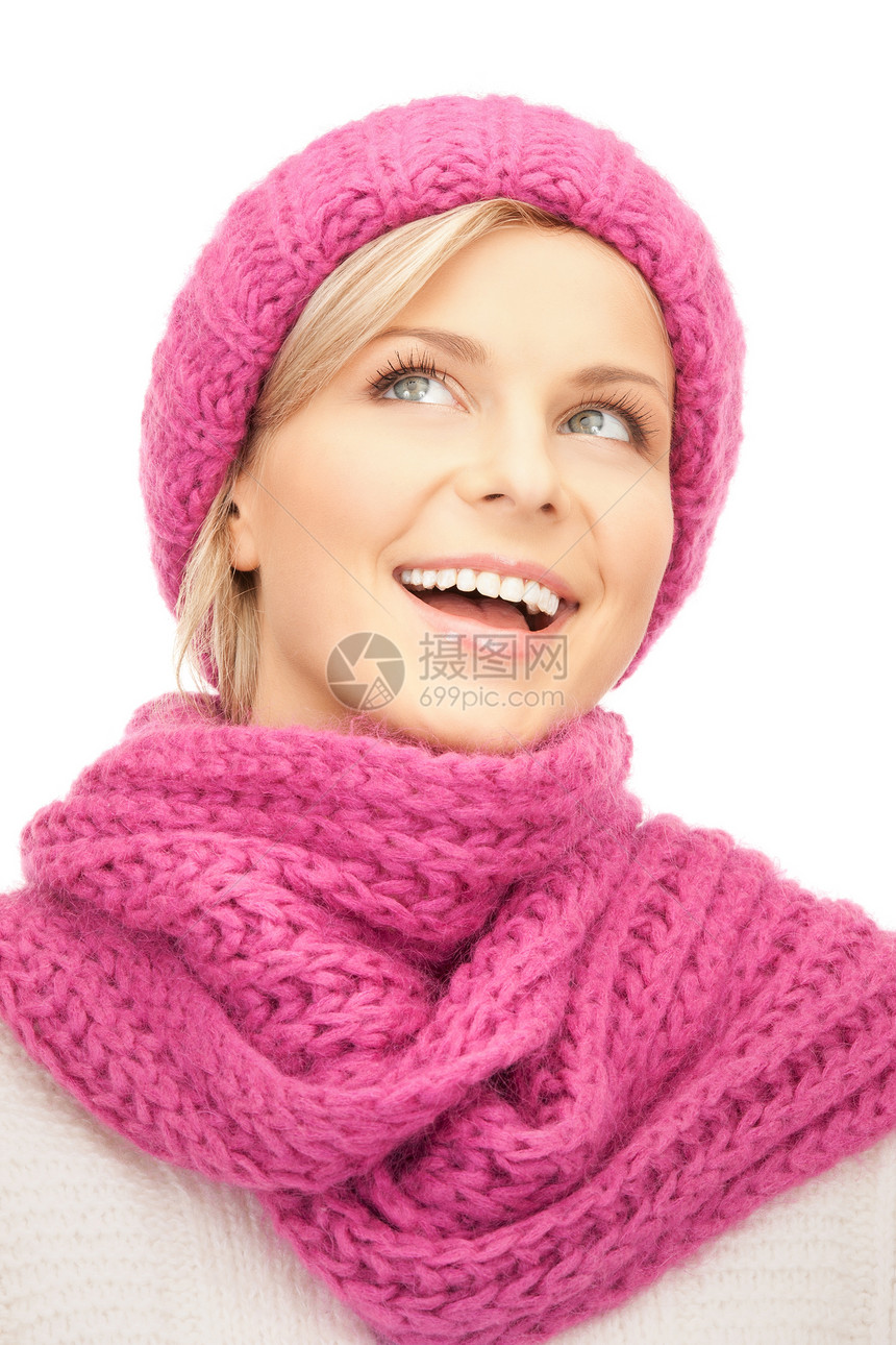 戴冬帽的美女衣服帽子毛衣成人羊毛手套微笑围巾季节棉被图片