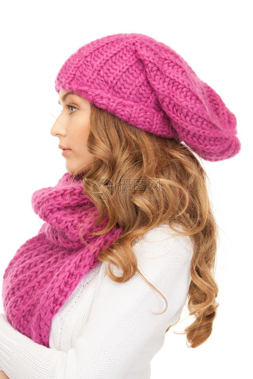 戴冬帽的美女围巾衣服季节女孩羊毛皮肤头发帽子女性福利图片