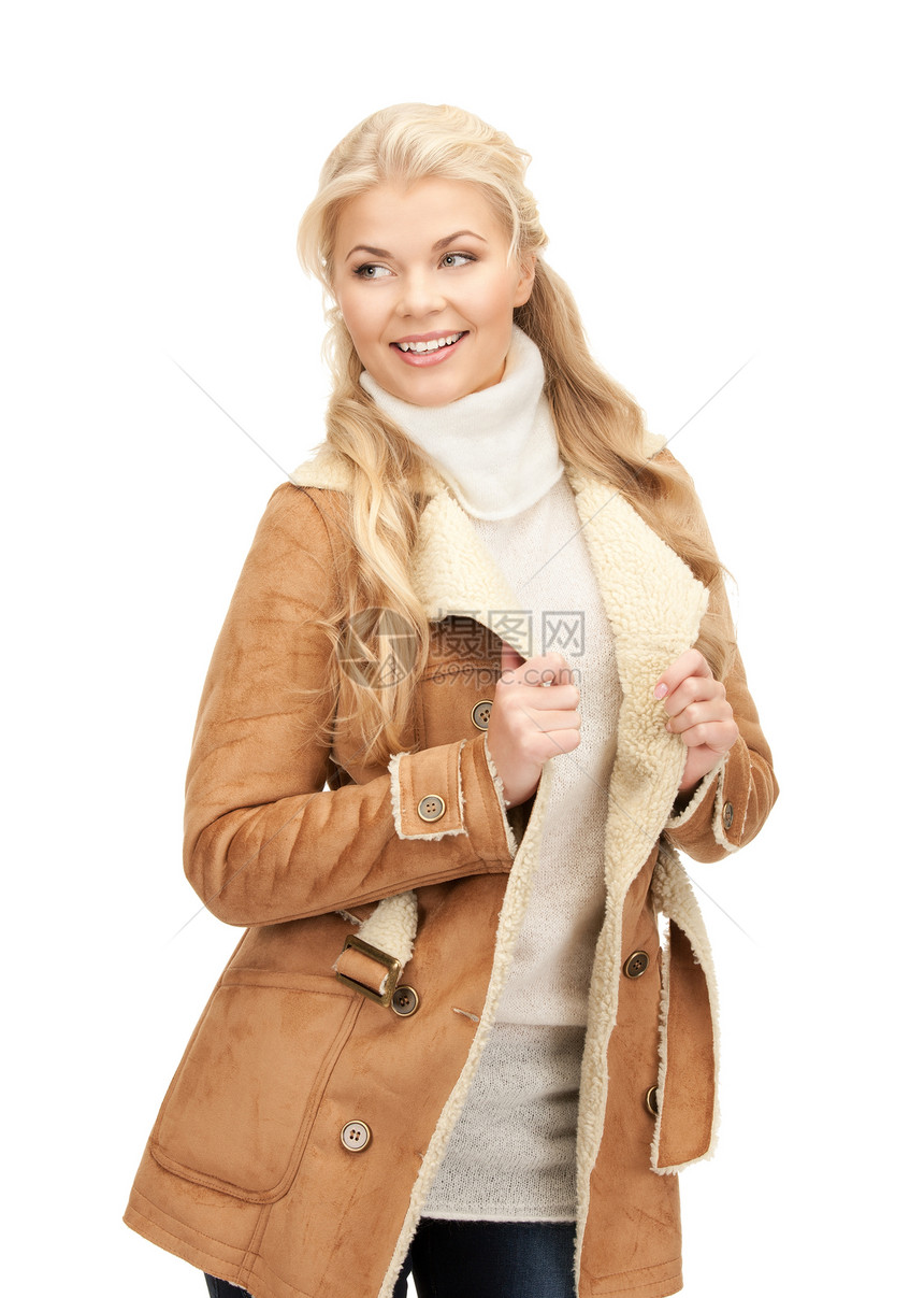 穿羊皮外套的美女季节幸福微笑女孩衣服女性夹克福利图片