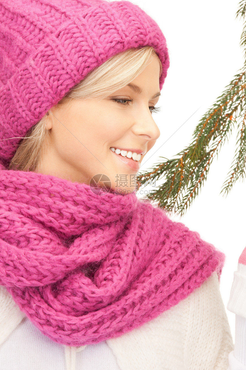 戴冬帽的美女羊毛衣服手套毛衣女性围巾女孩头发福利棉被图片