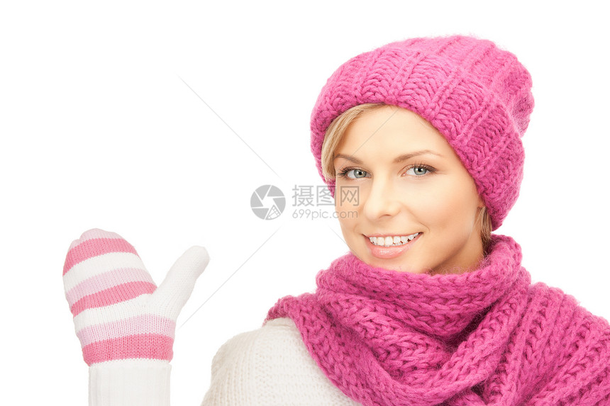 戴冬帽的美女微笑毛衣福利棉被羊毛衣服女性季节手套女孩图片