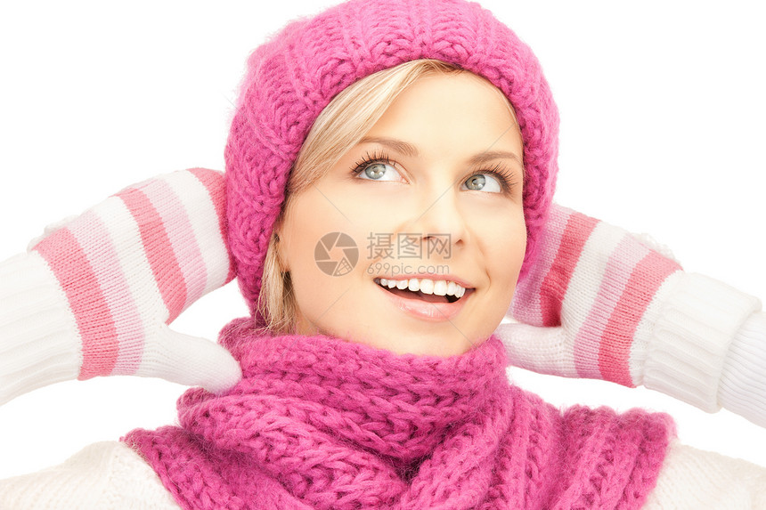 戴冬帽的美女成人围巾女孩手套棉被羊毛福利季节微笑衣服图片