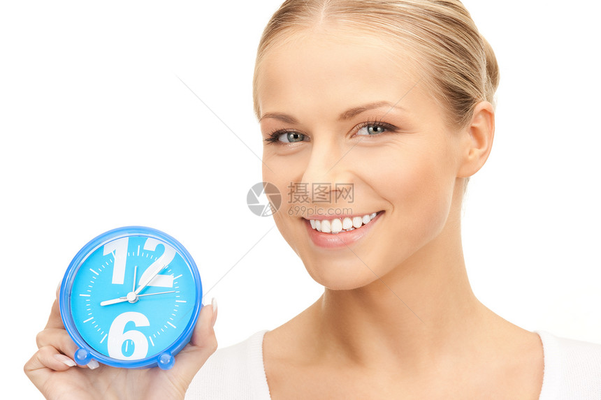 妇女持闹钟职业工作时间唤醒商业日程微笑商务人士快乐图片