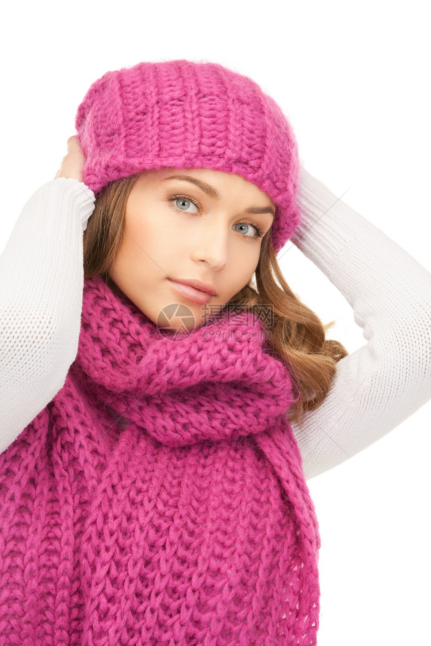 戴冬帽的美女棉被围巾衣服帽子季节福利成人羊毛幸福头发图片