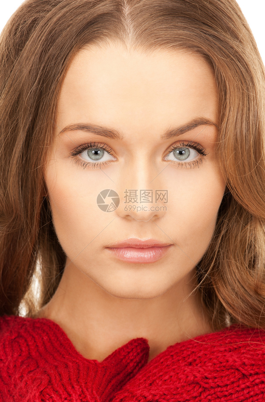 穿红色手套的美丽女子容貌季节女孩皮肤护理成人羊毛福利头发女性图片