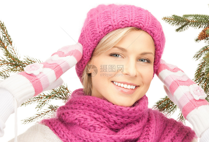 戴冬帽的美女羊毛快乐头发福利手套毛衣棉被围巾女孩衣服图片