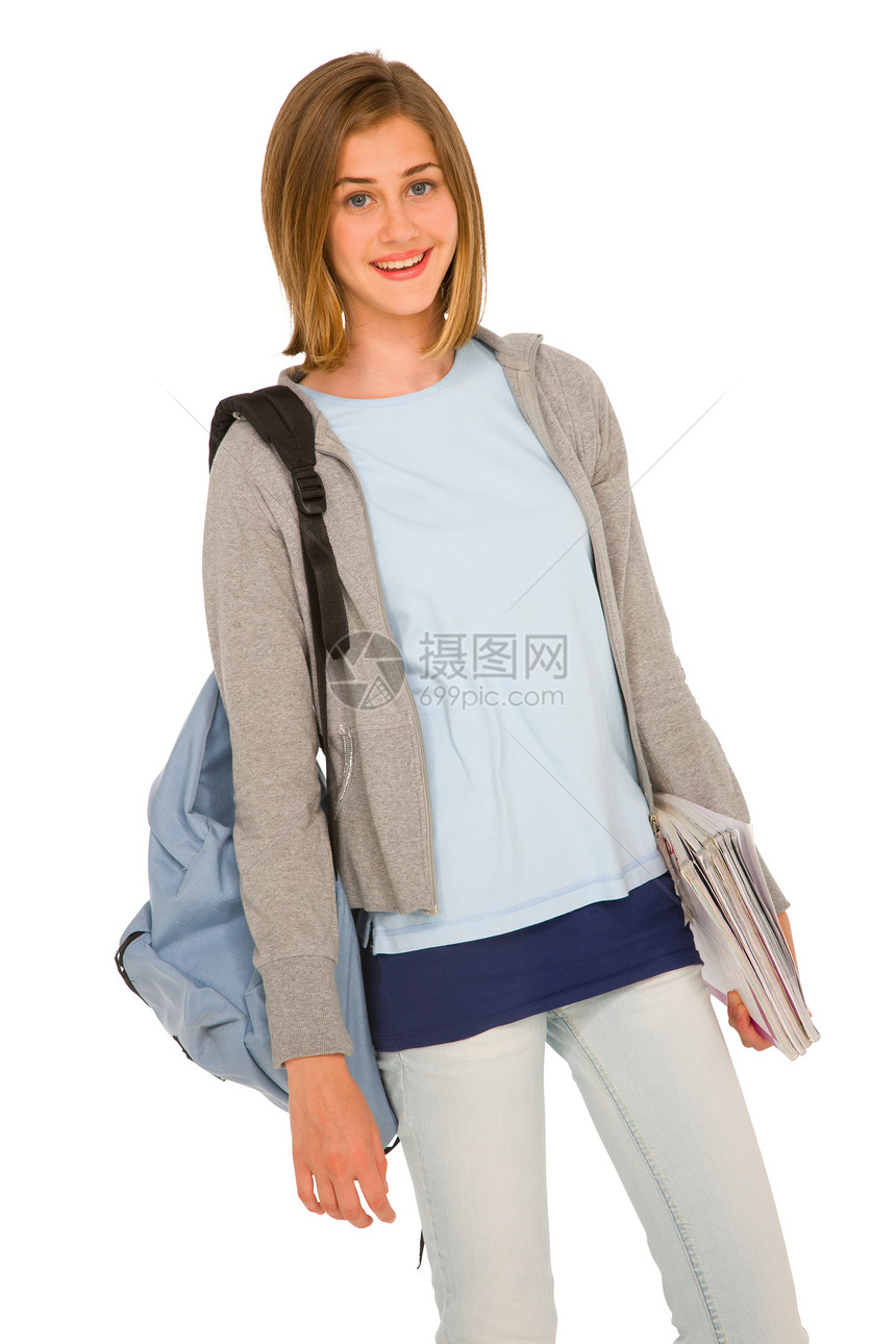 背着背包的少女金发微笑青少年学生女孩牛仔裤金发女郎图片