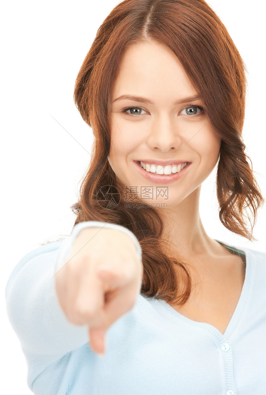 女商务人士指着她的手指女性行动微笑警报手臂商务女孩手势成人人士图片