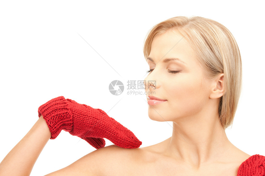 穿红色手套的美丽女子成人女孩羊毛护理衣服女性容貌幸福季节福利图片