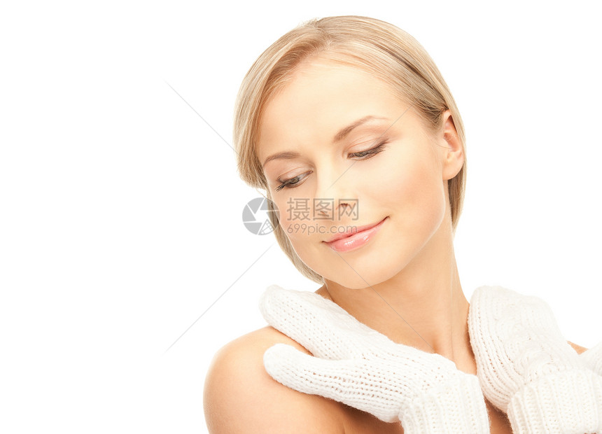 穿白手套的美丽女子季节女性羊毛衣服福利女孩容貌幸福护理皮肤图片