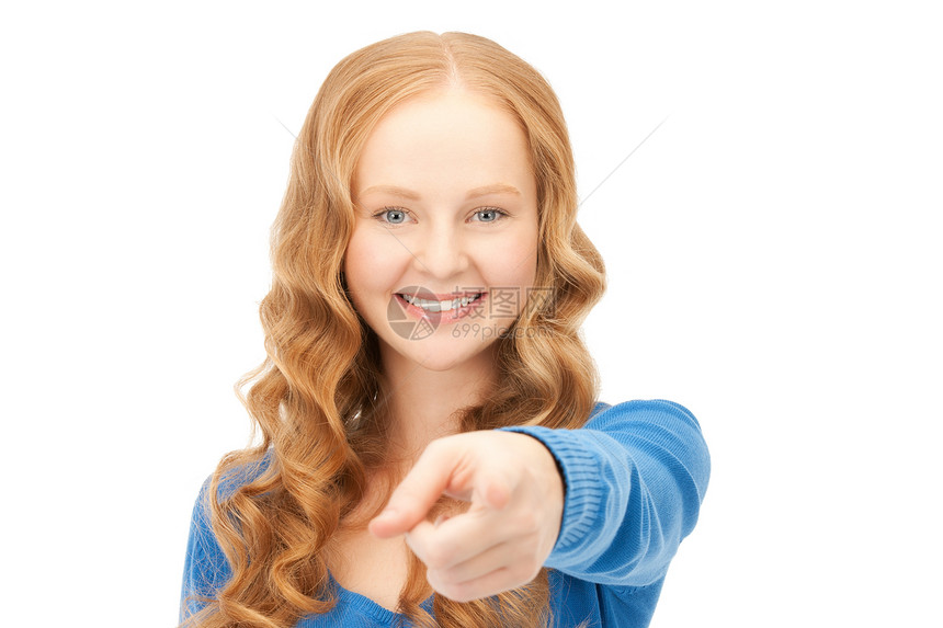 女商务人士指着她的手指快乐商业女孩警报学生手势手臂公告采摘微笑图片