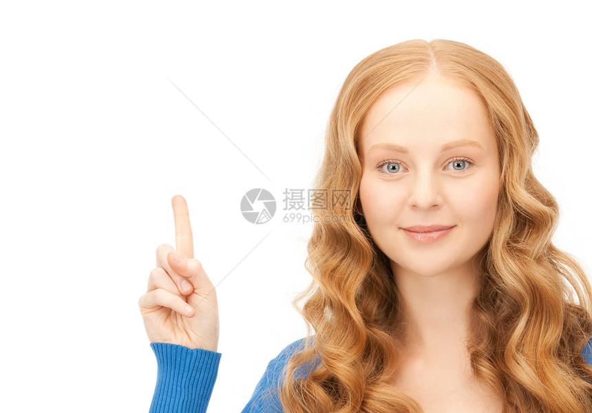 女人的手指举起她的手指人士公告警告手臂成人商务女孩白色快乐注意力图片