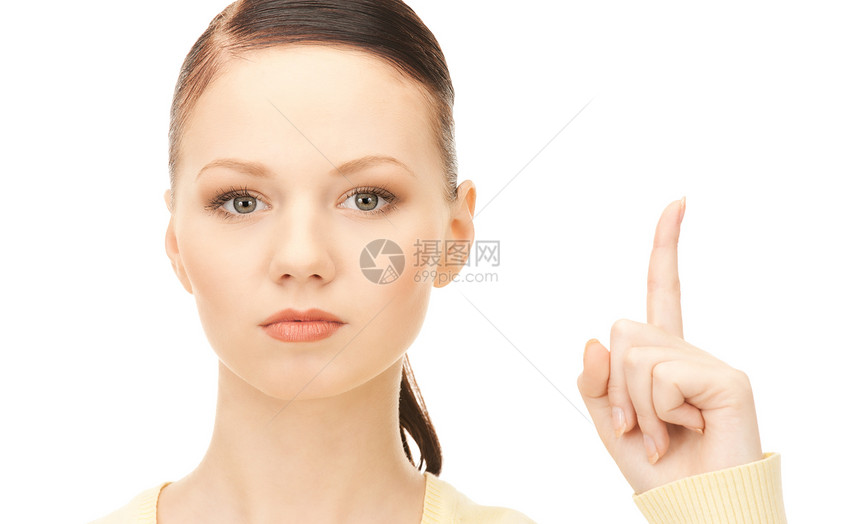 女人用她的手指 u手势指挥白色警告女性生长女孩注意力商务警报图片