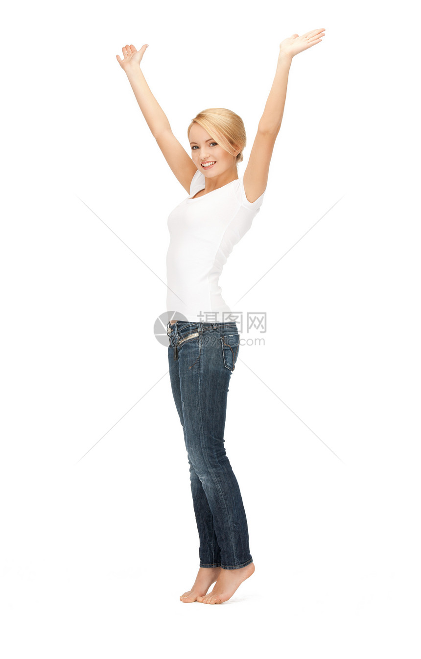 快乐和无照顾的少女微笑牛仔裤白色青年衬衫女孩学生青少年女性蓝色图片