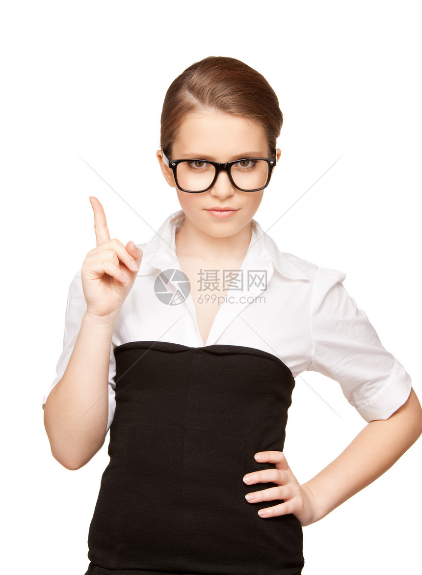 女人的手指举起她的手指商务微笑公告人士快乐注意力成人女孩手臂白色图片