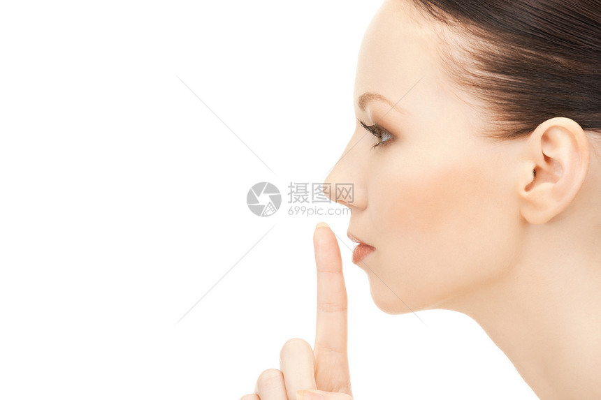 嘴唇上的手指手势女孩秘密商务警告阴谋成人人士生意人女性图片