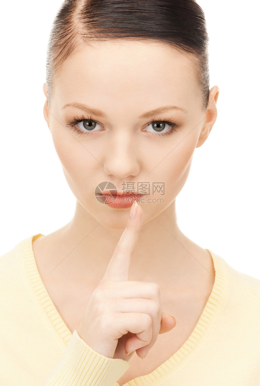 嘴唇上的手指商务警告人士生意人秘密手势阴谋女性女孩成人图片