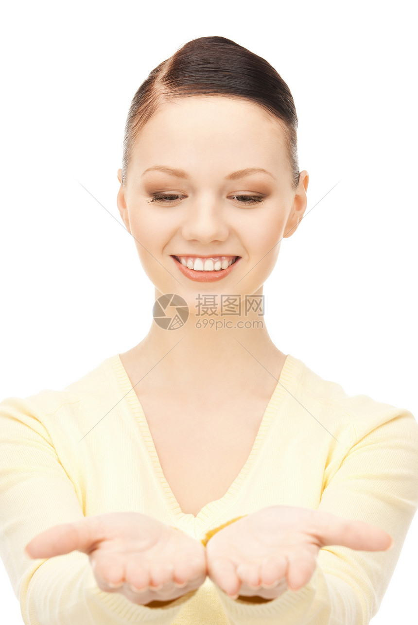 椰枣上的东西女性微笑广告手势白色棕榈人士女孩成人快乐图片