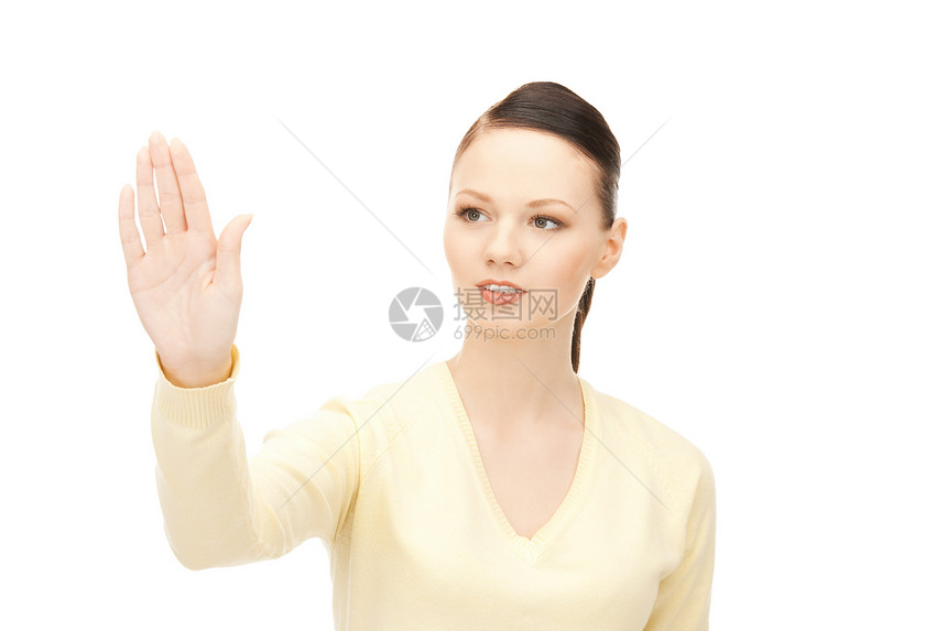 与想象中的东西一起工作的女商务人士女性商务白色手势手掌人士成人学生公司女孩图片