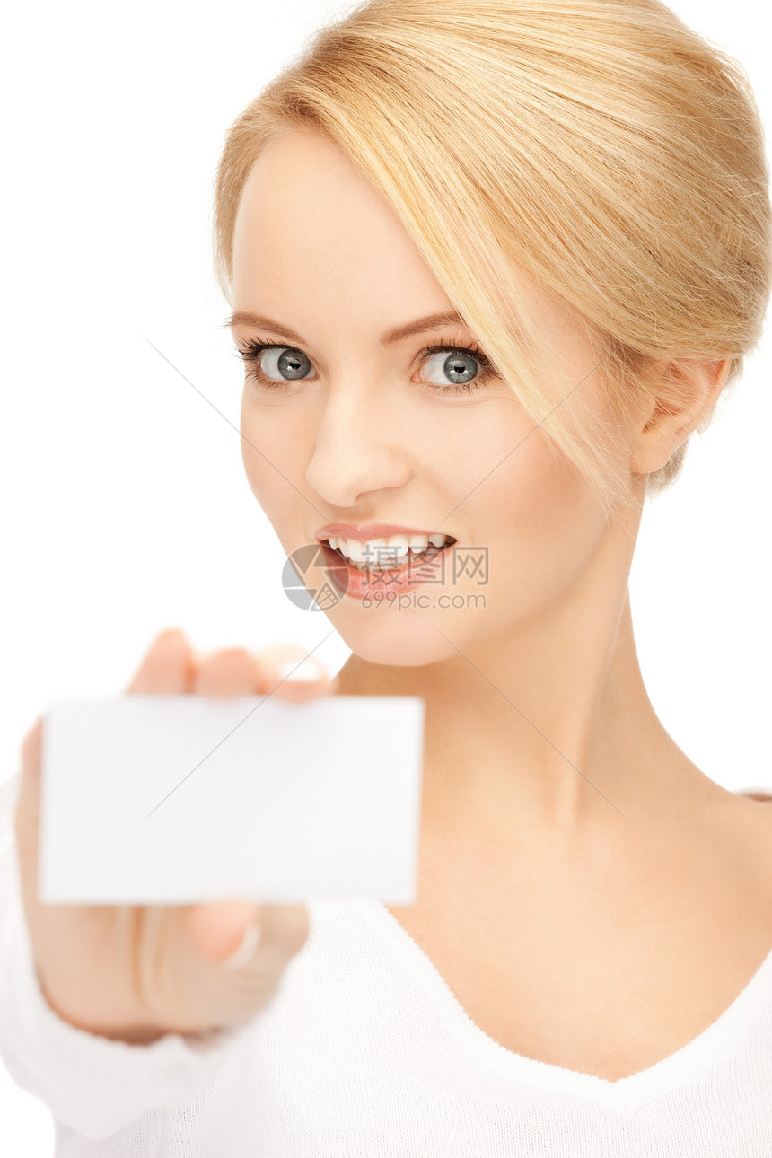 拥有名片的妇女女孩卡片商务商业快乐人士空白广告微笑白色图片