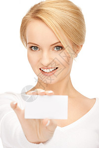拥有名片的妇女商业卡片人士商务空白微笑白色广告女孩女性背景图片