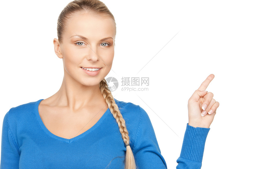 女商务人士指着她的手指采摘微笑商业行动人士成人手势女性警报学生图片