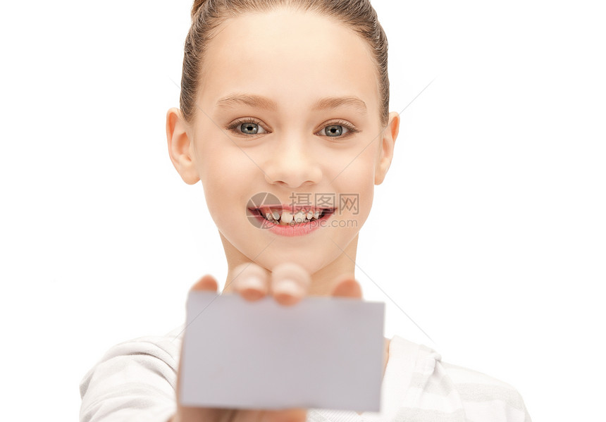 持有名片的少女青少年商业白色卡片广告学生孩子空白女性图片