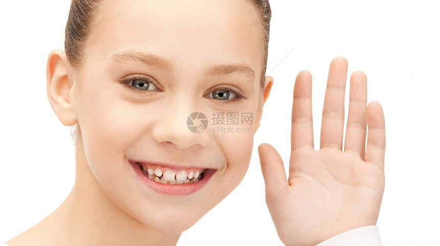 听八卦的少女女性秘密棕榈谣言传闻微笑学生青少年手势白色图片