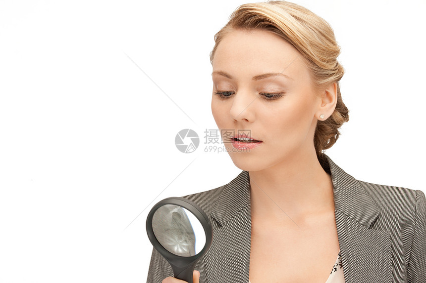 女用放大镜监视工具光学勘探学习玻璃镜片人士女性商业图片