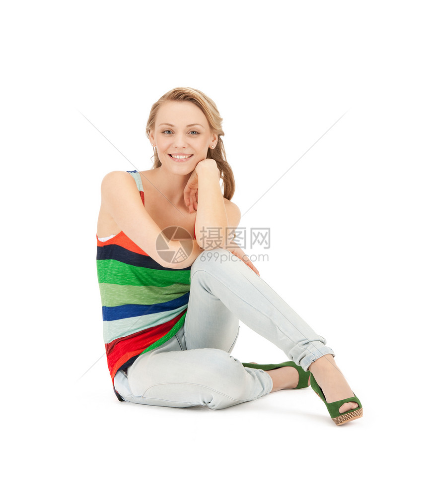 快乐和无照顾的少女白色学生衬衫青少年女性青年牛仔裤女士微笑蓝色图片